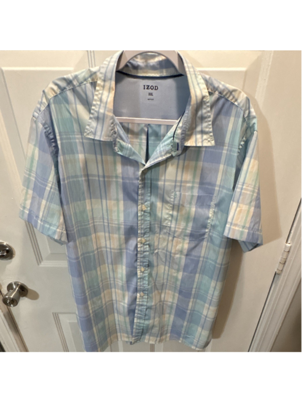 IZOD XXL Plaid Short Sleeve Button-Up Shirt Blue Green Beige Point Collar